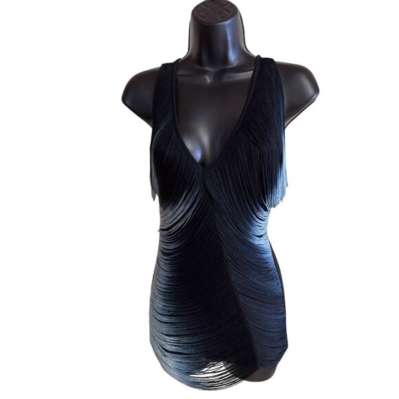 V-Neck Black Fringe Ombre Sleeveless Dress - Picture 1 of 9